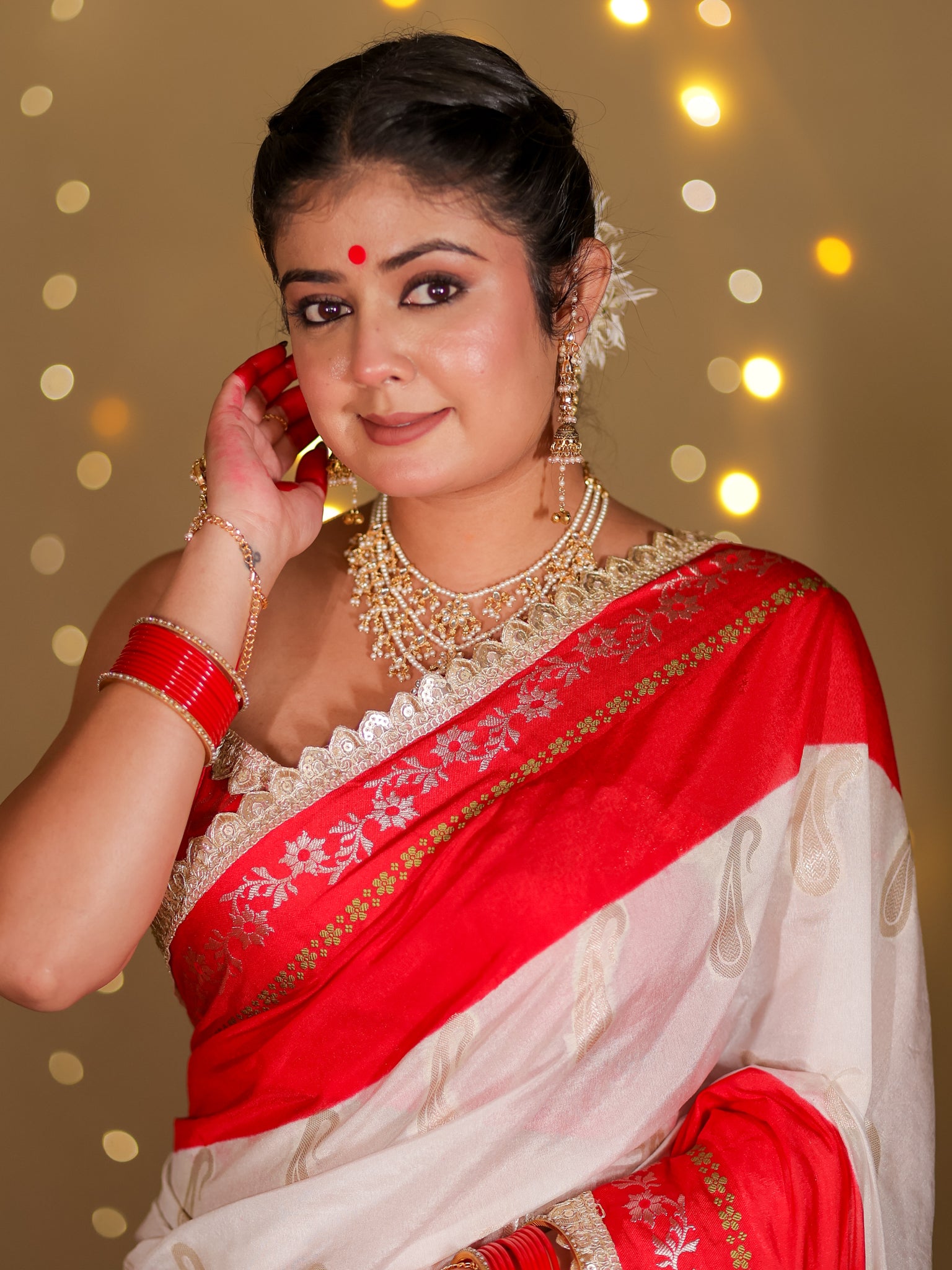 Banarasi Semi Chiffon Saree With Contrast Lace Border- White