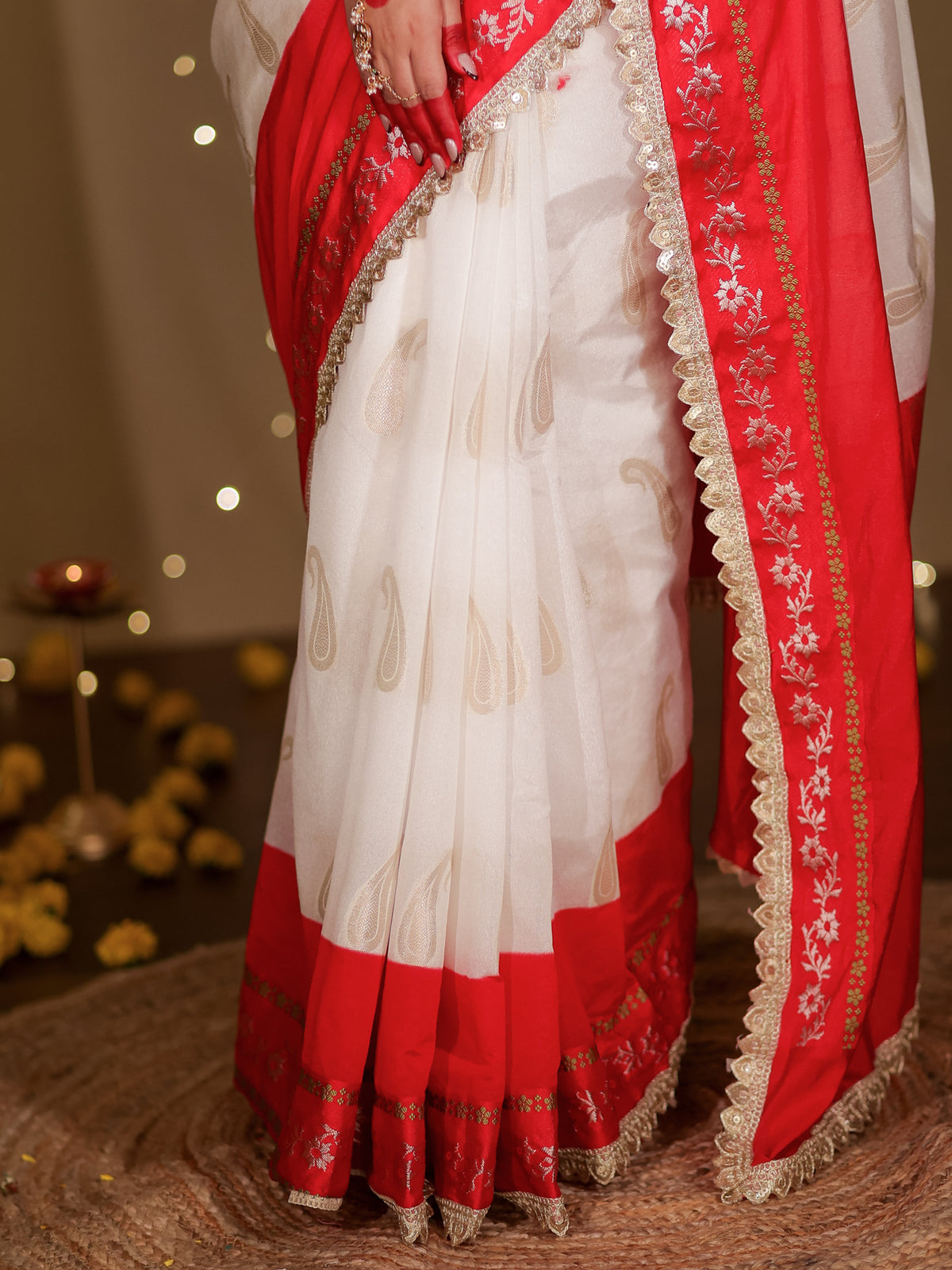 Banarasi Semi Chiffon Saree With Contrast Lace Border- White