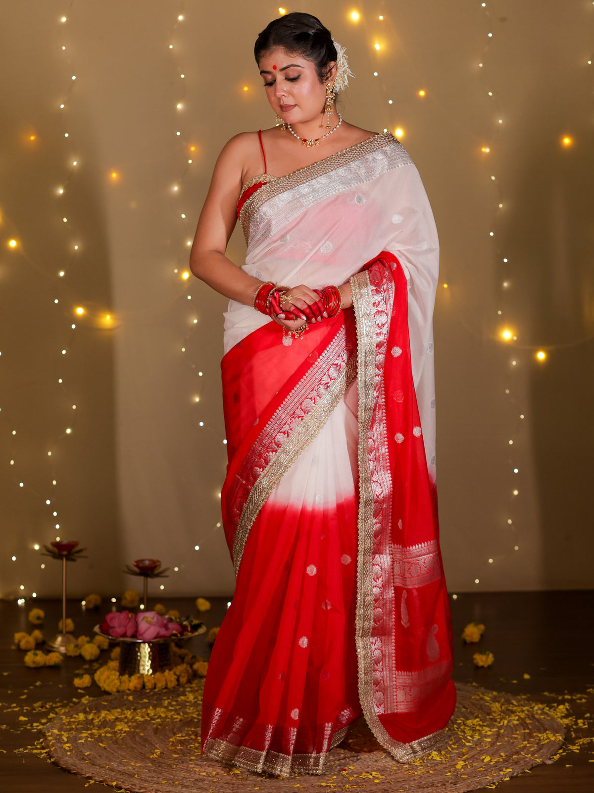 Banarasi Dual Shade Semi Silk Saree With Lace Border- White & Red