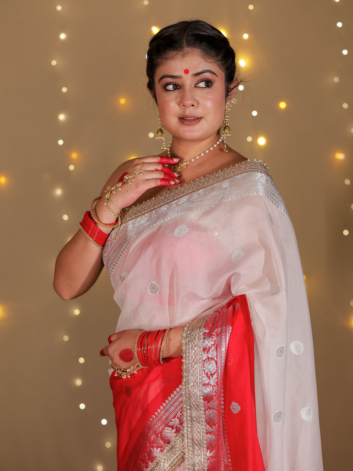 Banarasi Dual Shade Semi Silk Saree With Lace Border- White & Red