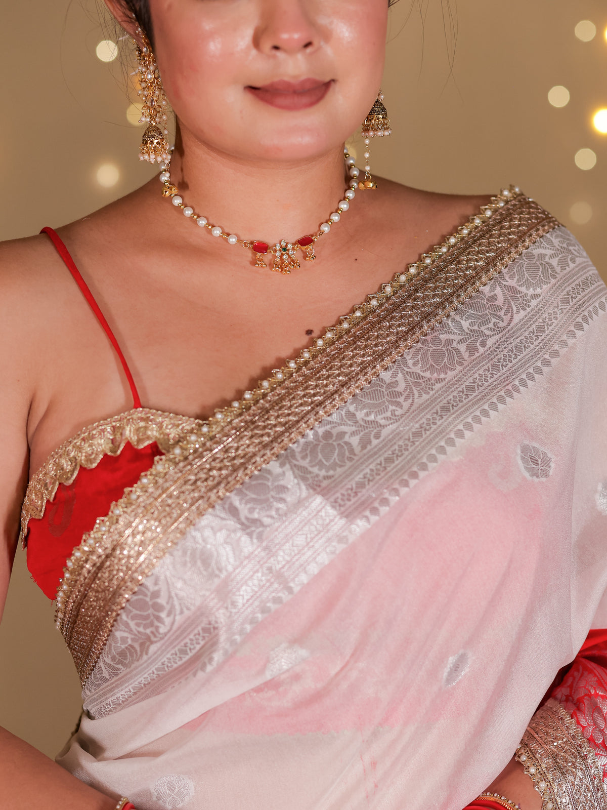 Banarasi Dual Shade Semi Silk Saree With Lace Border- White & Red