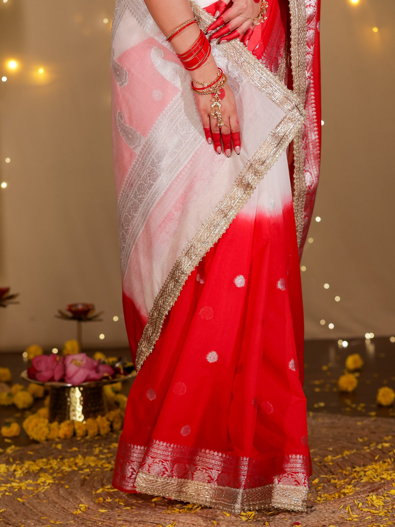 Banarasi Dual Shade Semi Silk Saree With Lace Border- White & Red