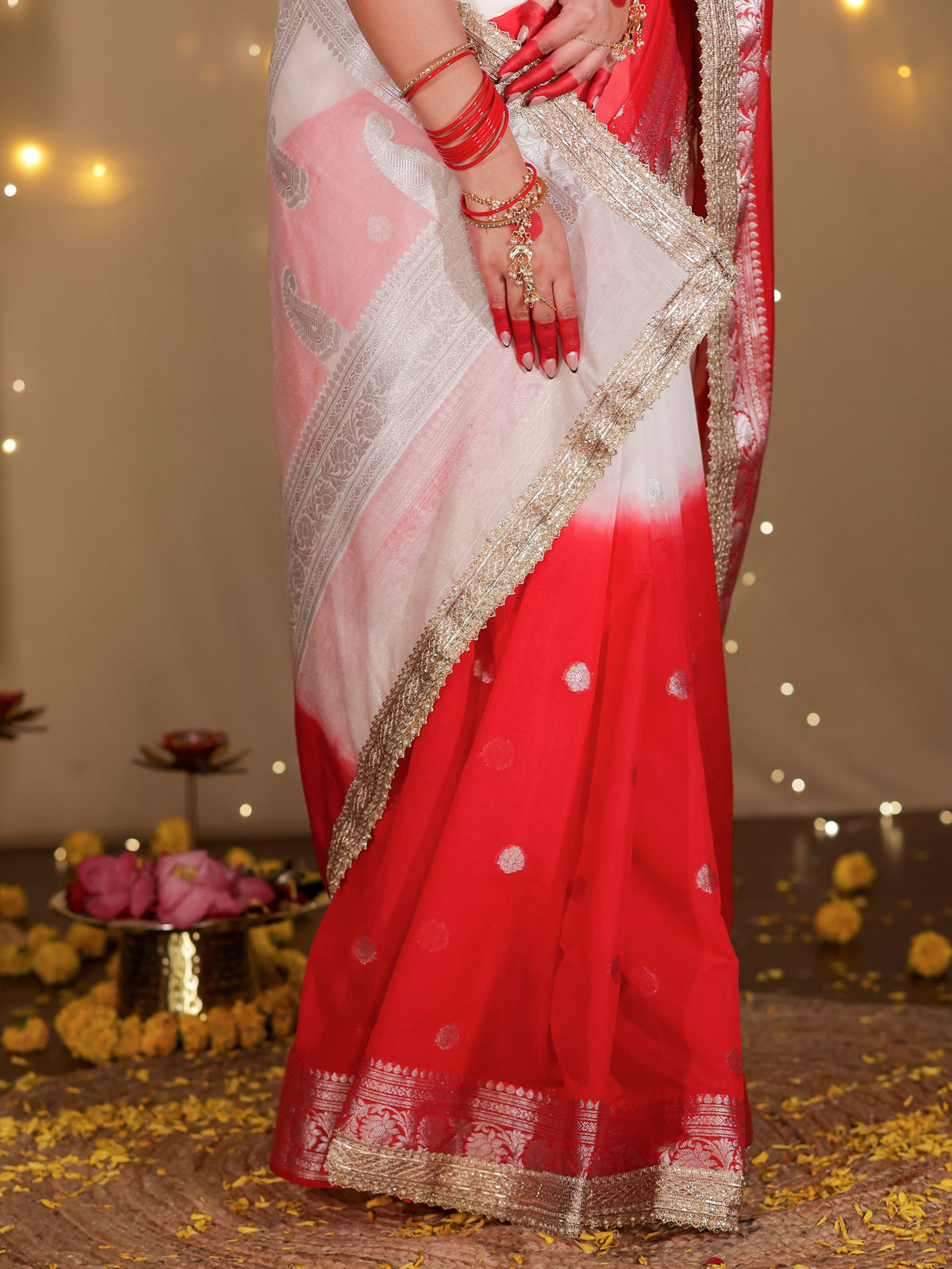 Banarasi Dual Shade Semi Silk Saree With Lace Border- White & Red