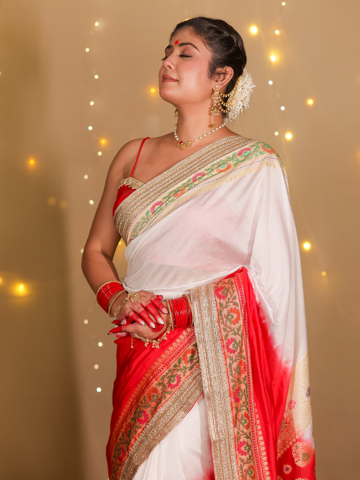 Banarasi Dual Shade Semi Silk Saree With Lace Border- White & Red