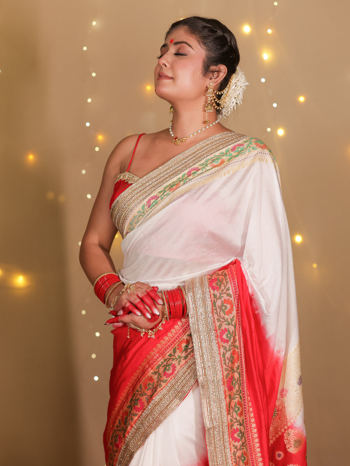 Banarasi Dual Shade Semi Silk Saree With Lace Border- White & Red