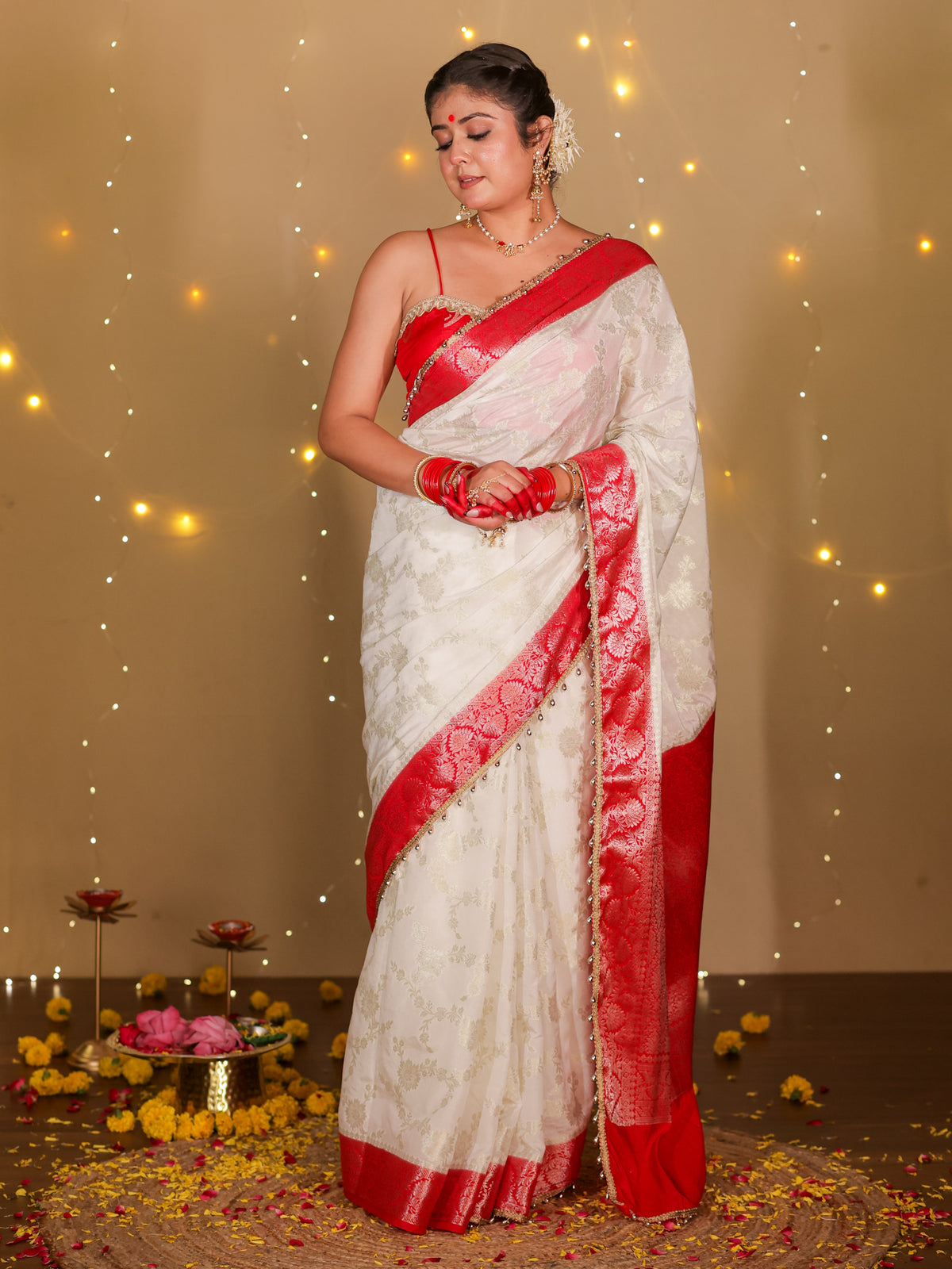 Banarasi Semi Georgette Saree With Lace Border- White & Red