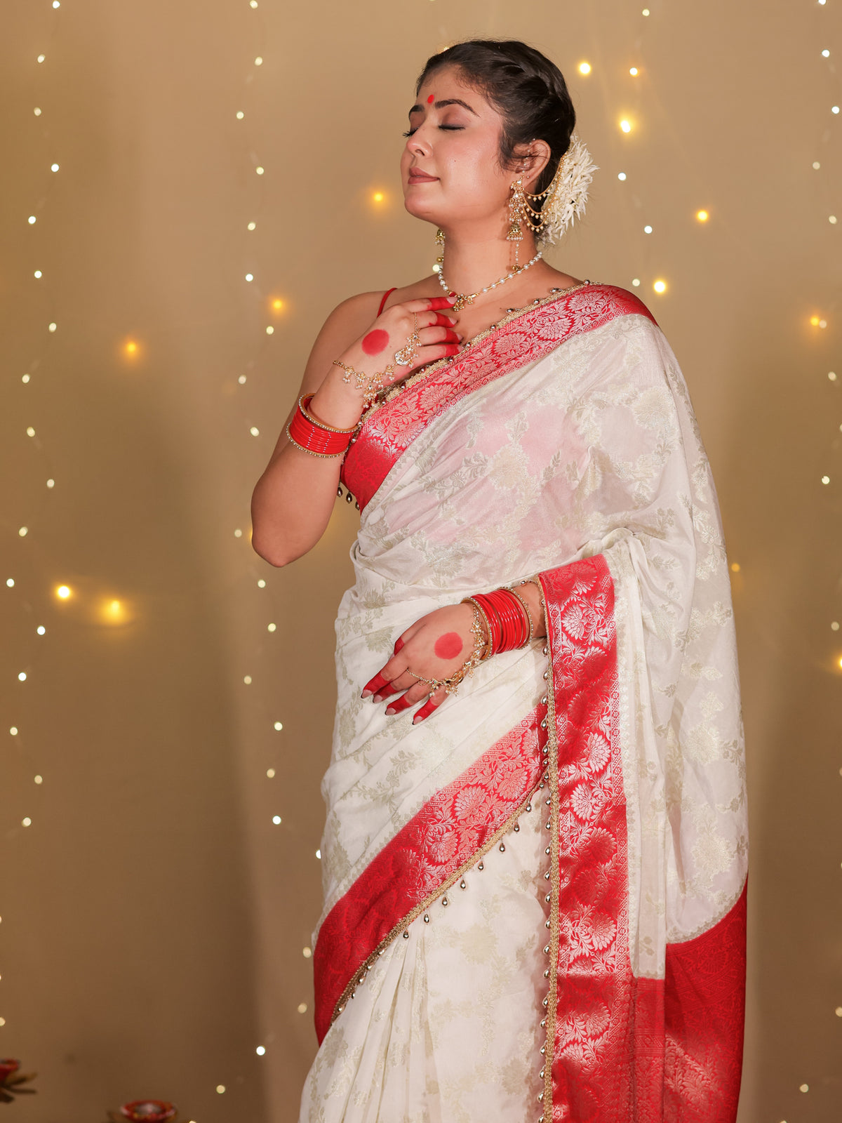 Banarasi Semi Georgette Saree With Lace Border- White & Red