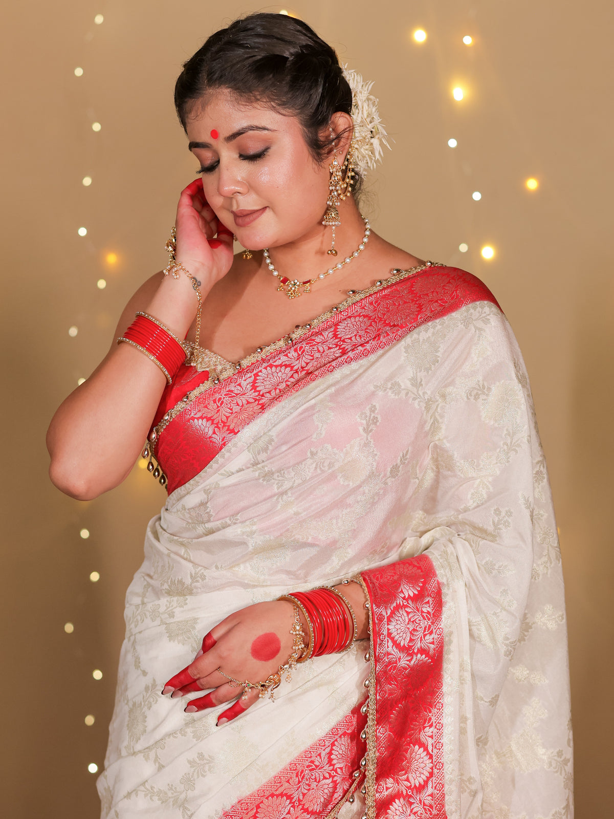 Banarasi Semi Georgette Saree With Lace Border- White & Red