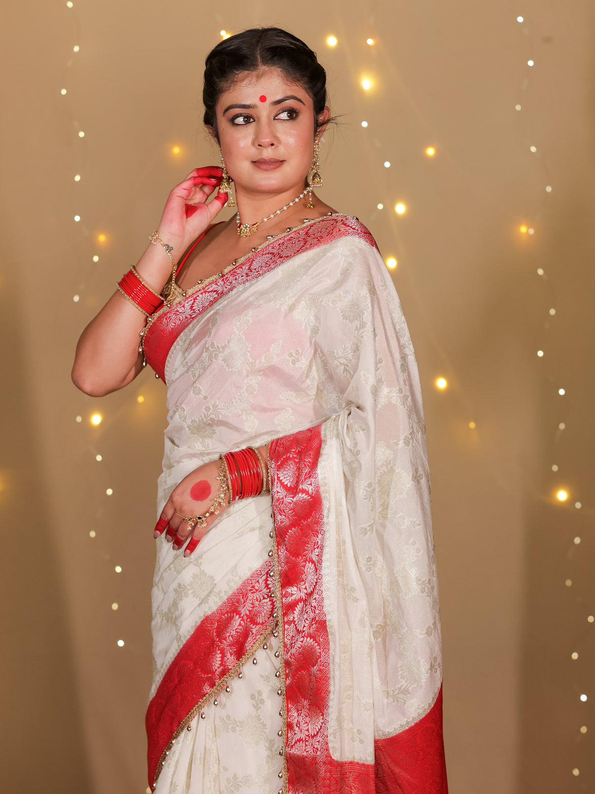 Banarasi Semi Georgette Saree With Lace Border- White & Red