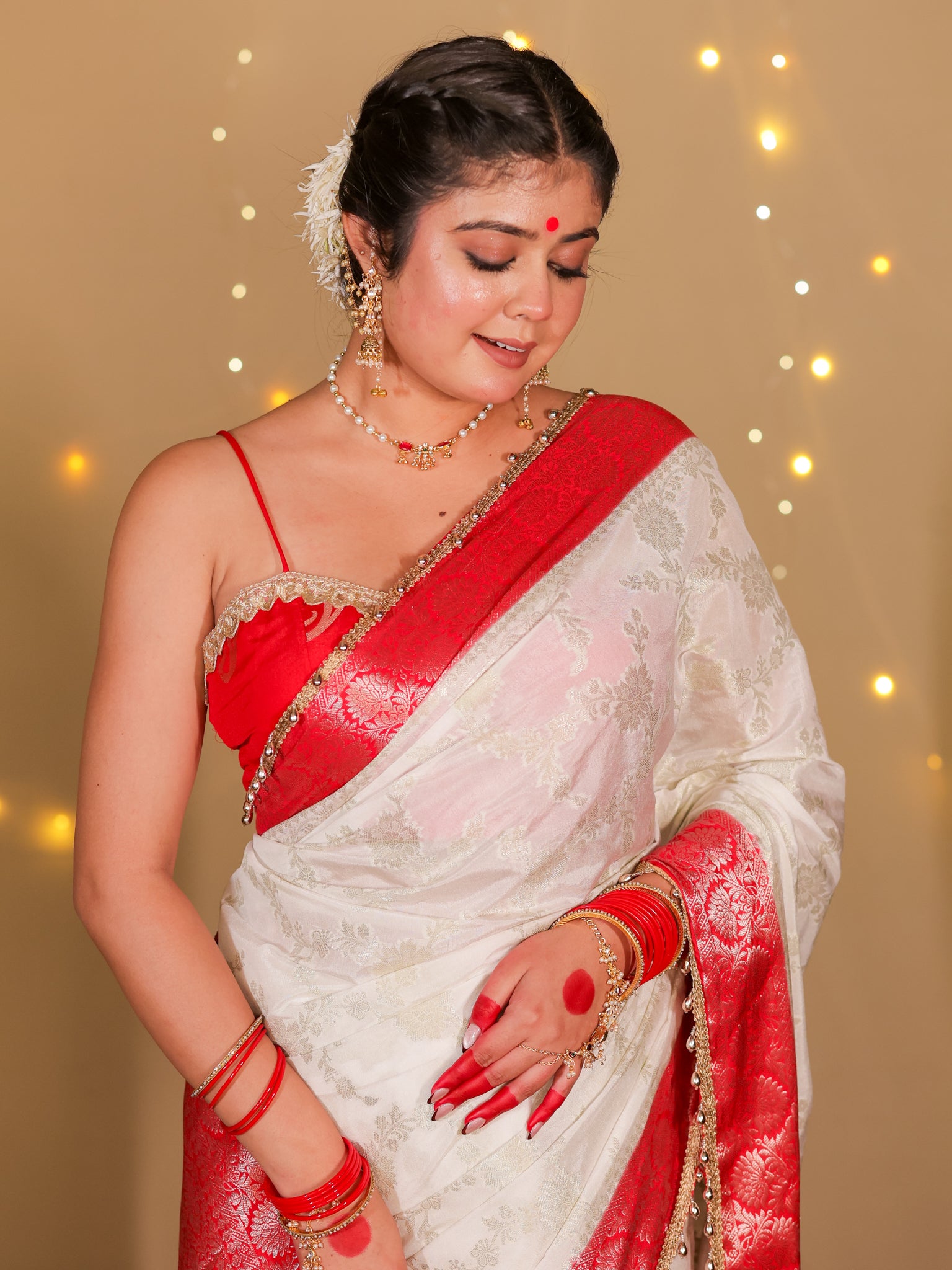 Banarasi Semi Georgette Saree With Lace Border- White & Red