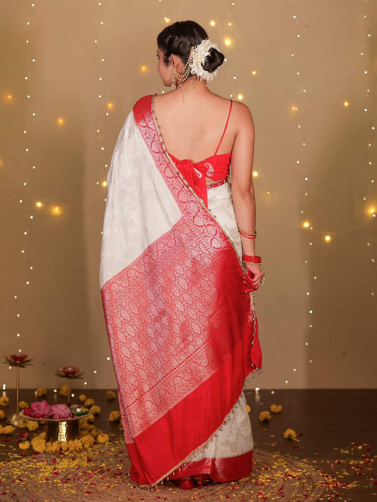 Banarasi Semi Georgette Saree With Lace Border- White & Red