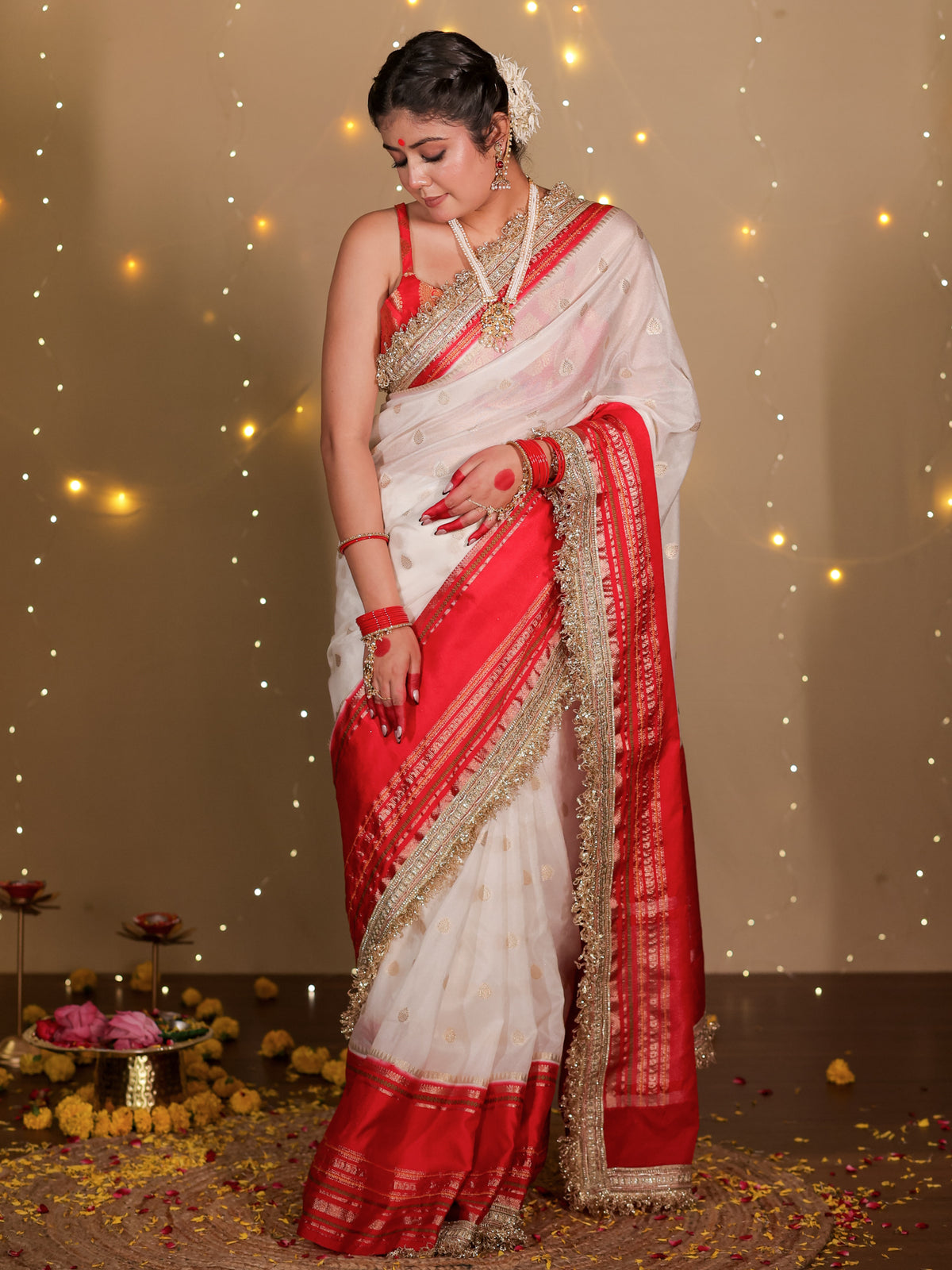 Banarasi Dual Shade Semi Georgette Saree With Lace Border- White & Red