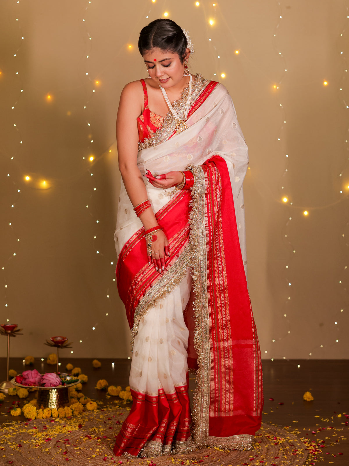 Banarasi Dual Shade Semi Georgette Saree With Lace Border- White & Red