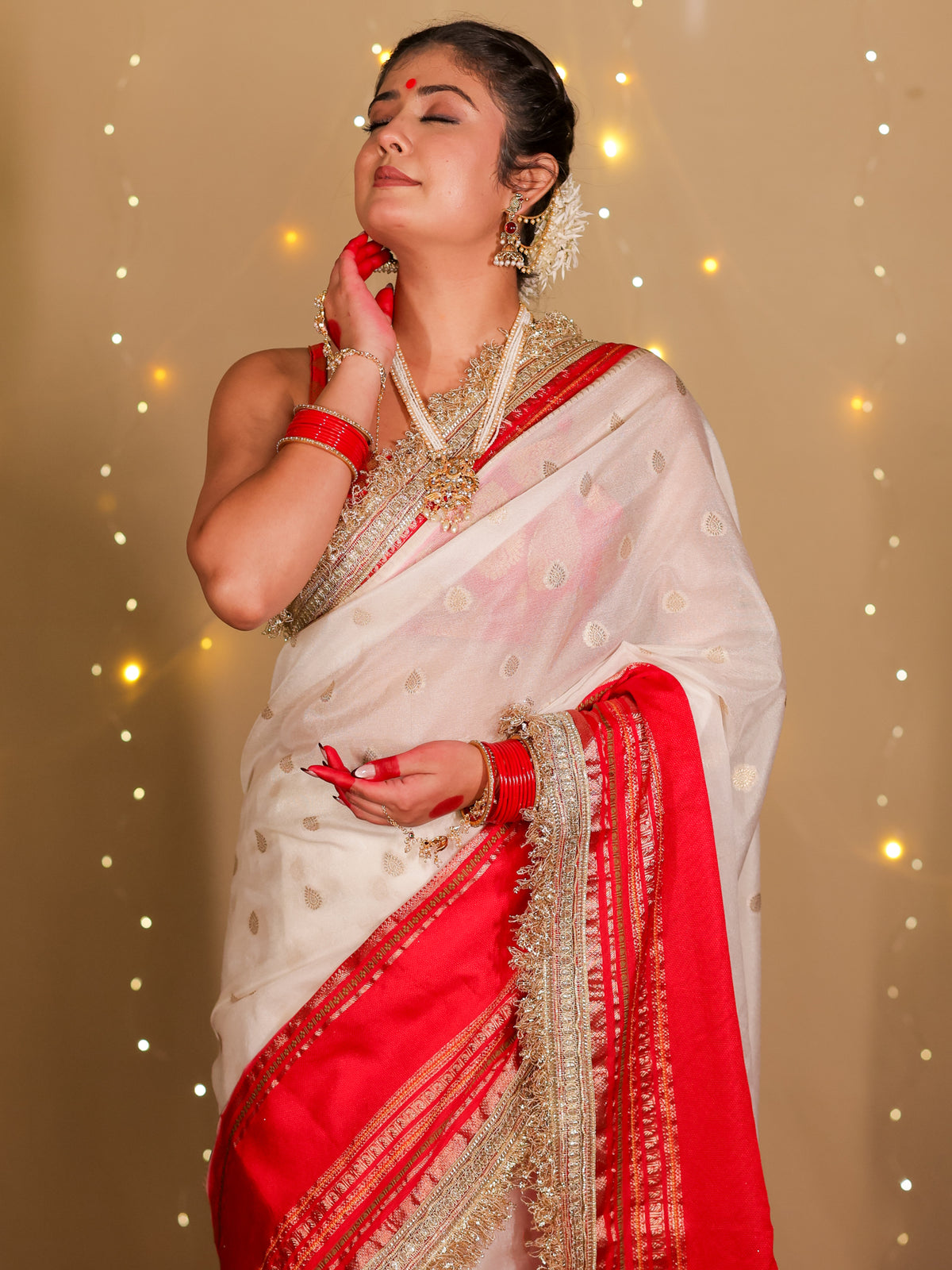 Banarasi Dual Shade Semi Georgette Saree With Lace Border- White & Red
