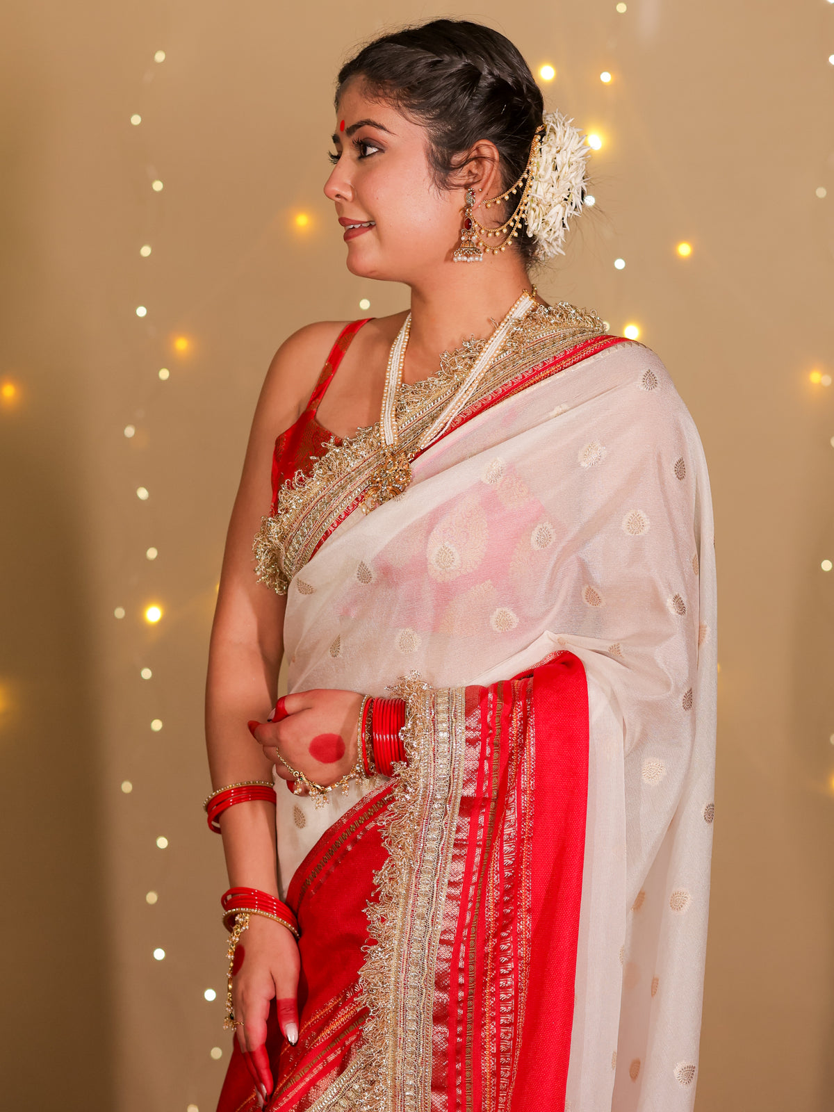 Banarasi Dual Shade Semi Georgette Saree With Lace Border- White & Red