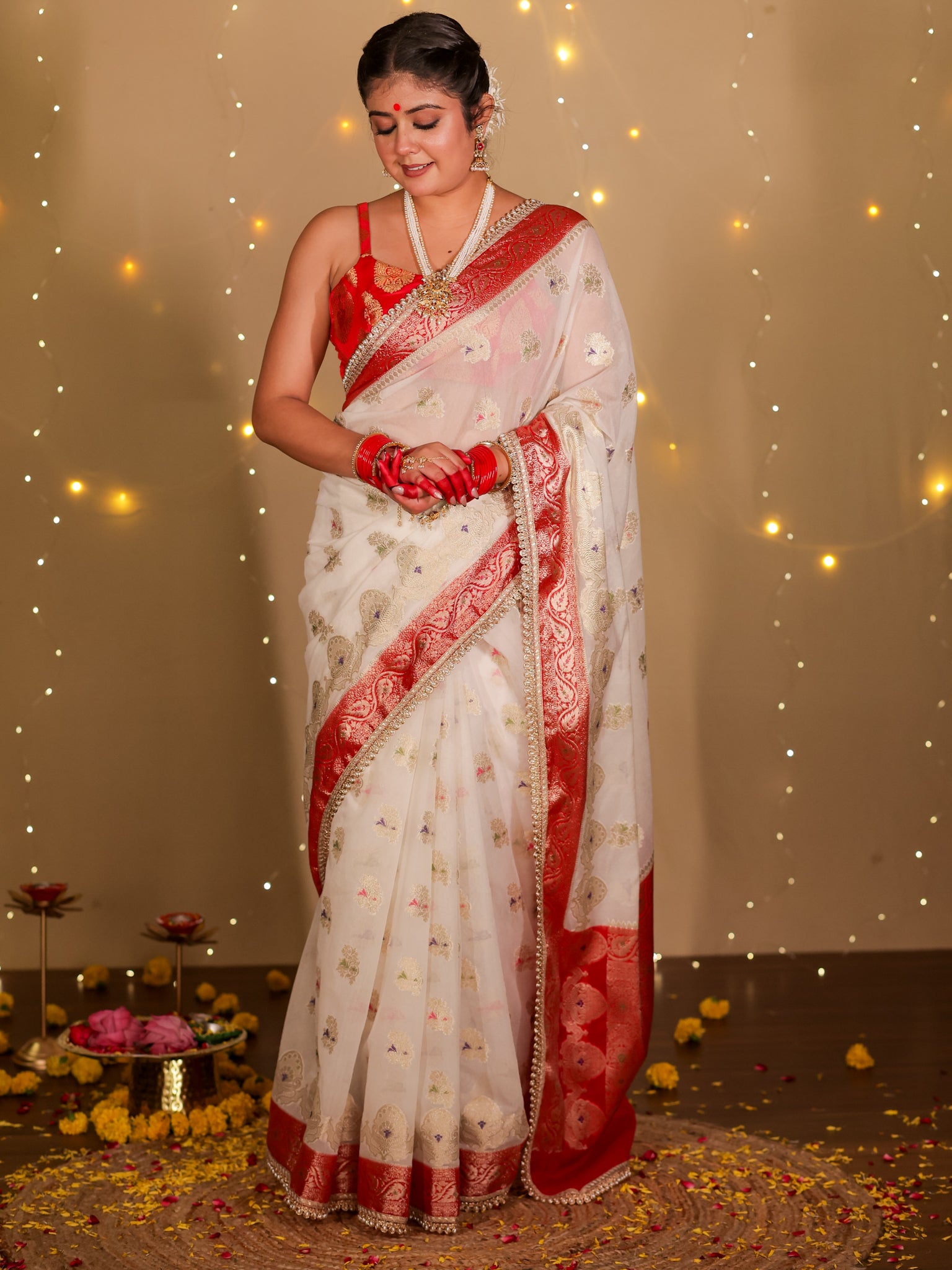 Banarasi Semi Georgette Saree With Lace Border- White & Red