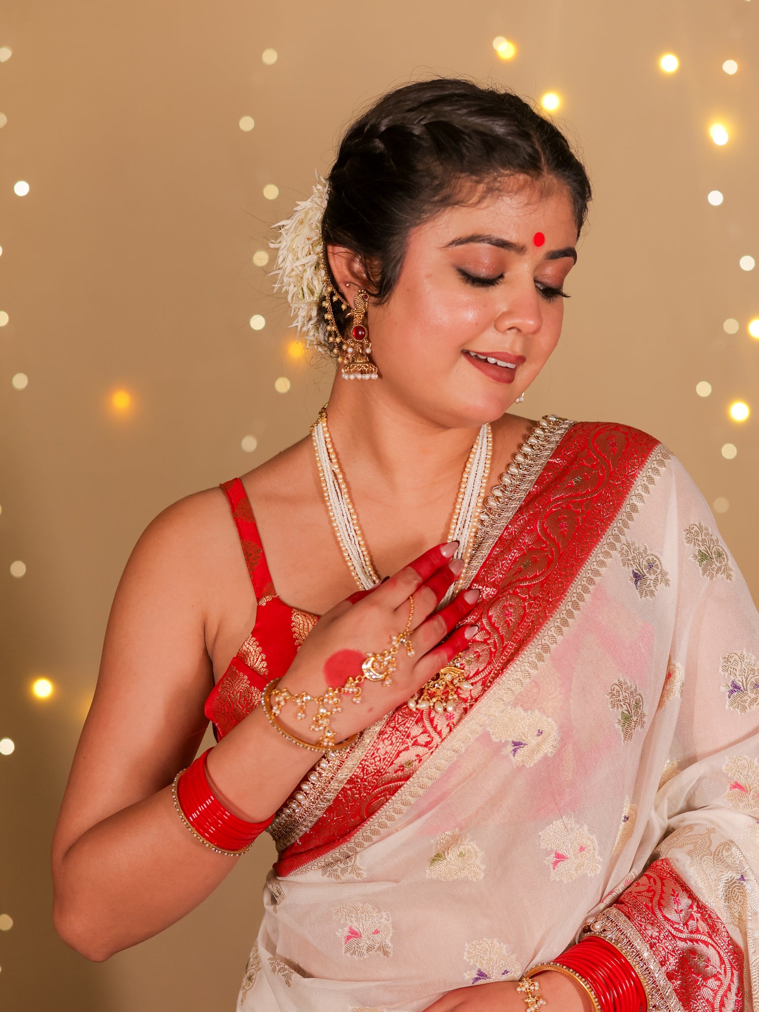 Banarasi Semi Georgette Saree With Lace Border- White & Red