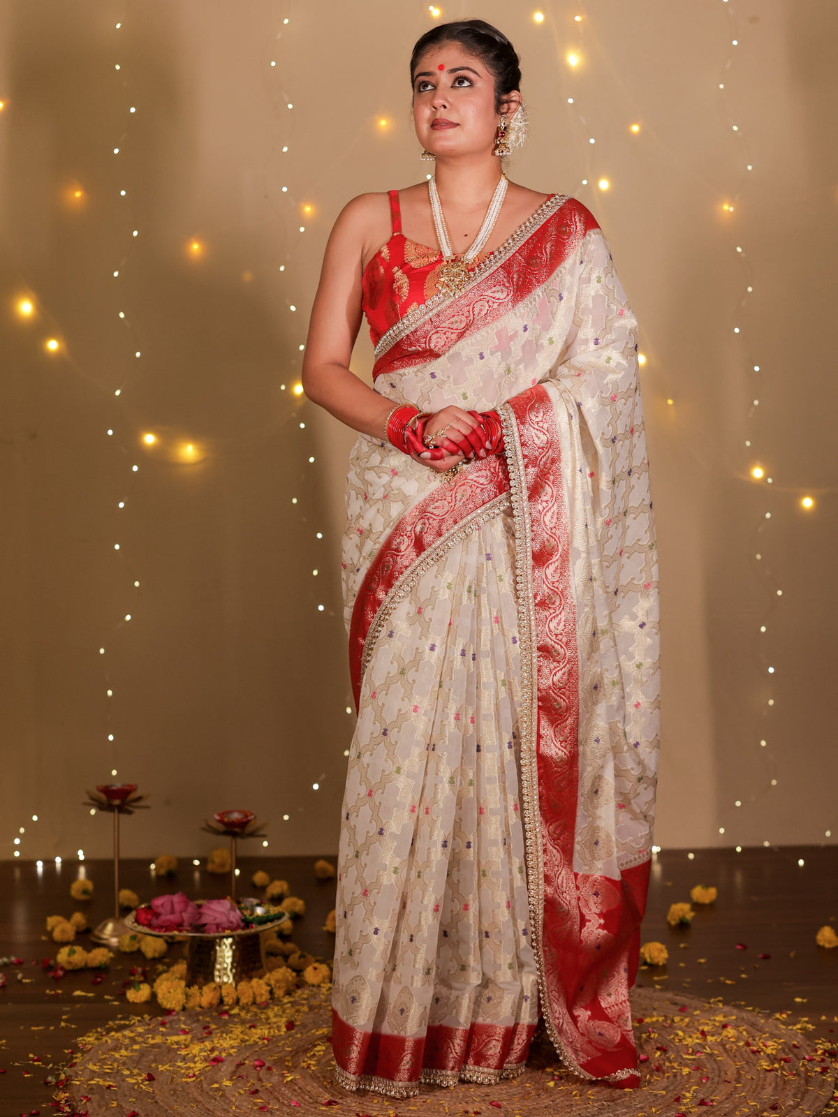 Banarasi Semi Georgette Saree With Lace Border- White & Red