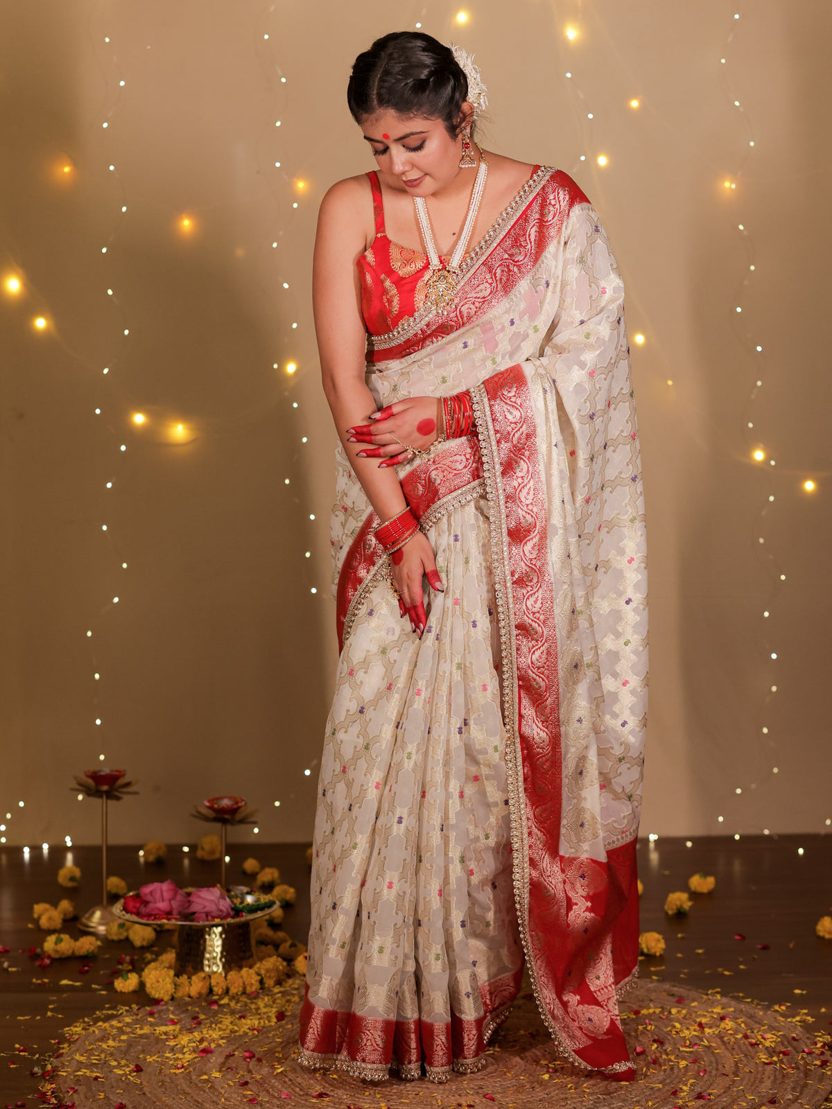 Banarasi Semi Georgette Saree With Lace Border- White & Red