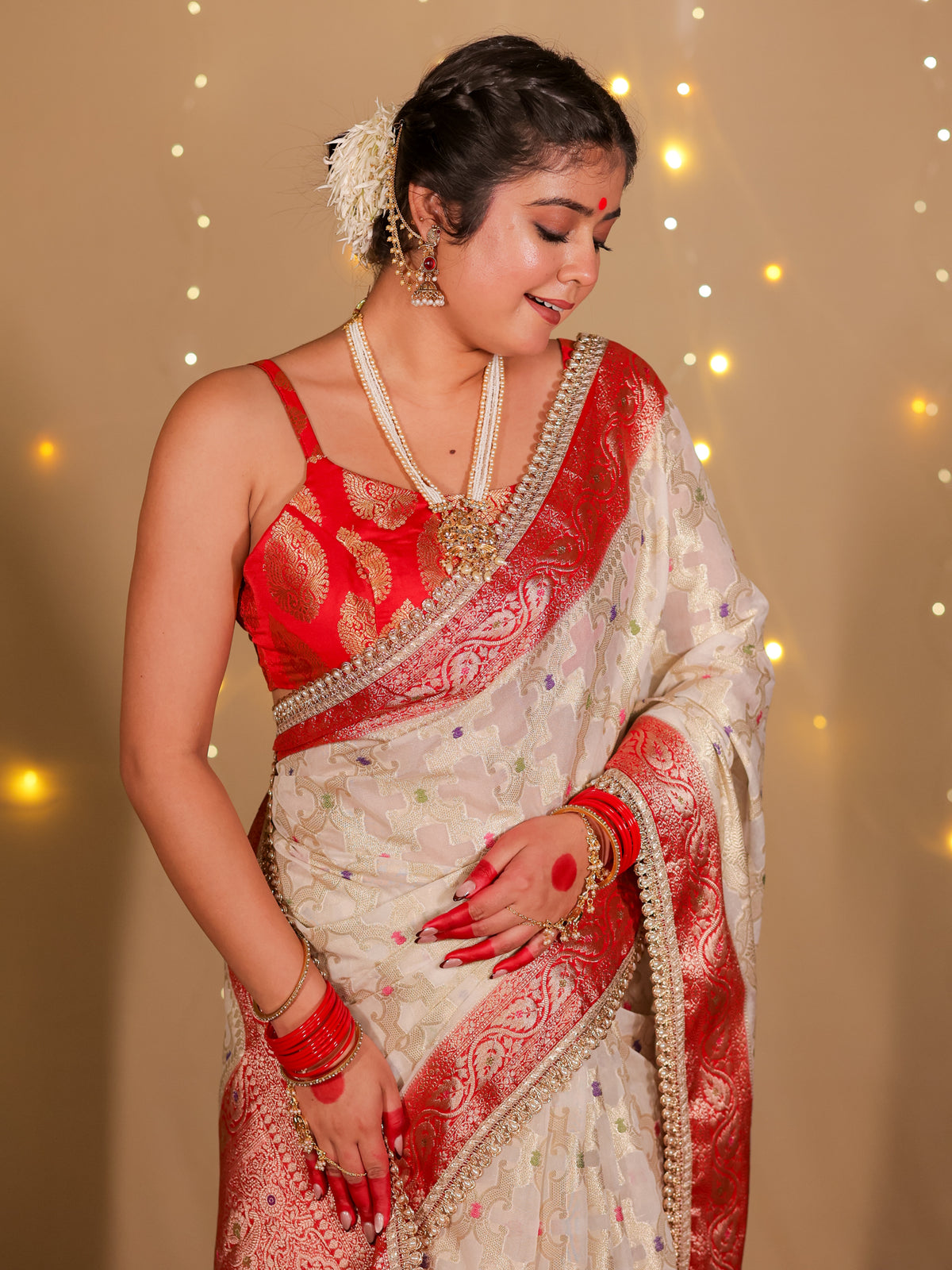 Banarasi Semi Georgette Saree With Lace Border- White & Red