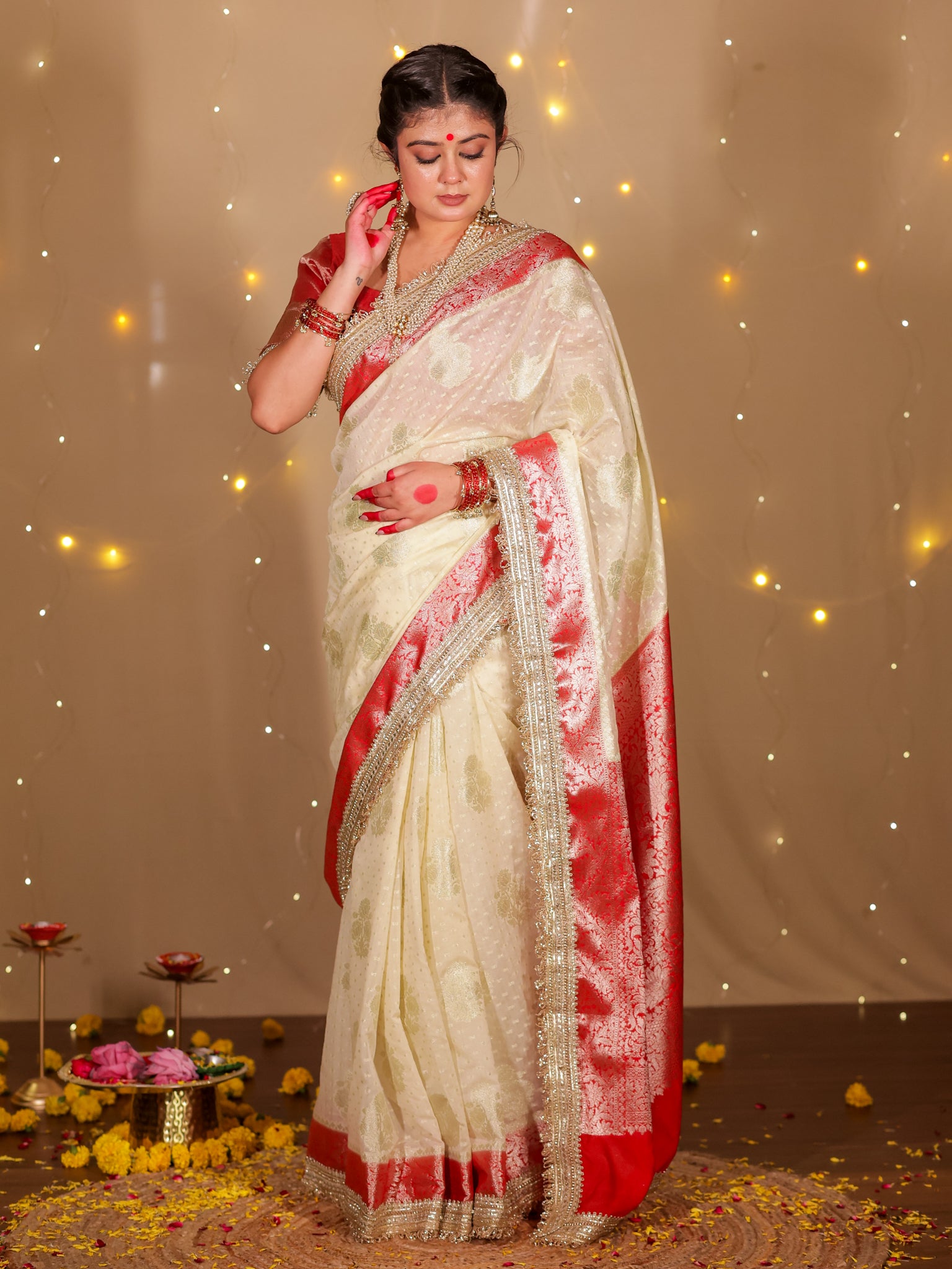 Banarasi Cotton Silk Saree With Lace Border- Off White