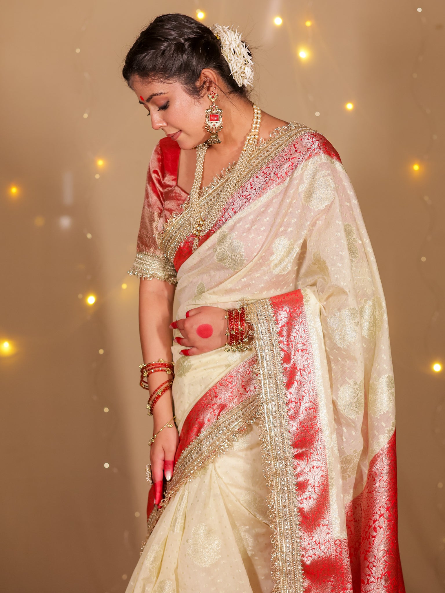 Banarasi Cotton Silk Saree With Lace Border- Off White