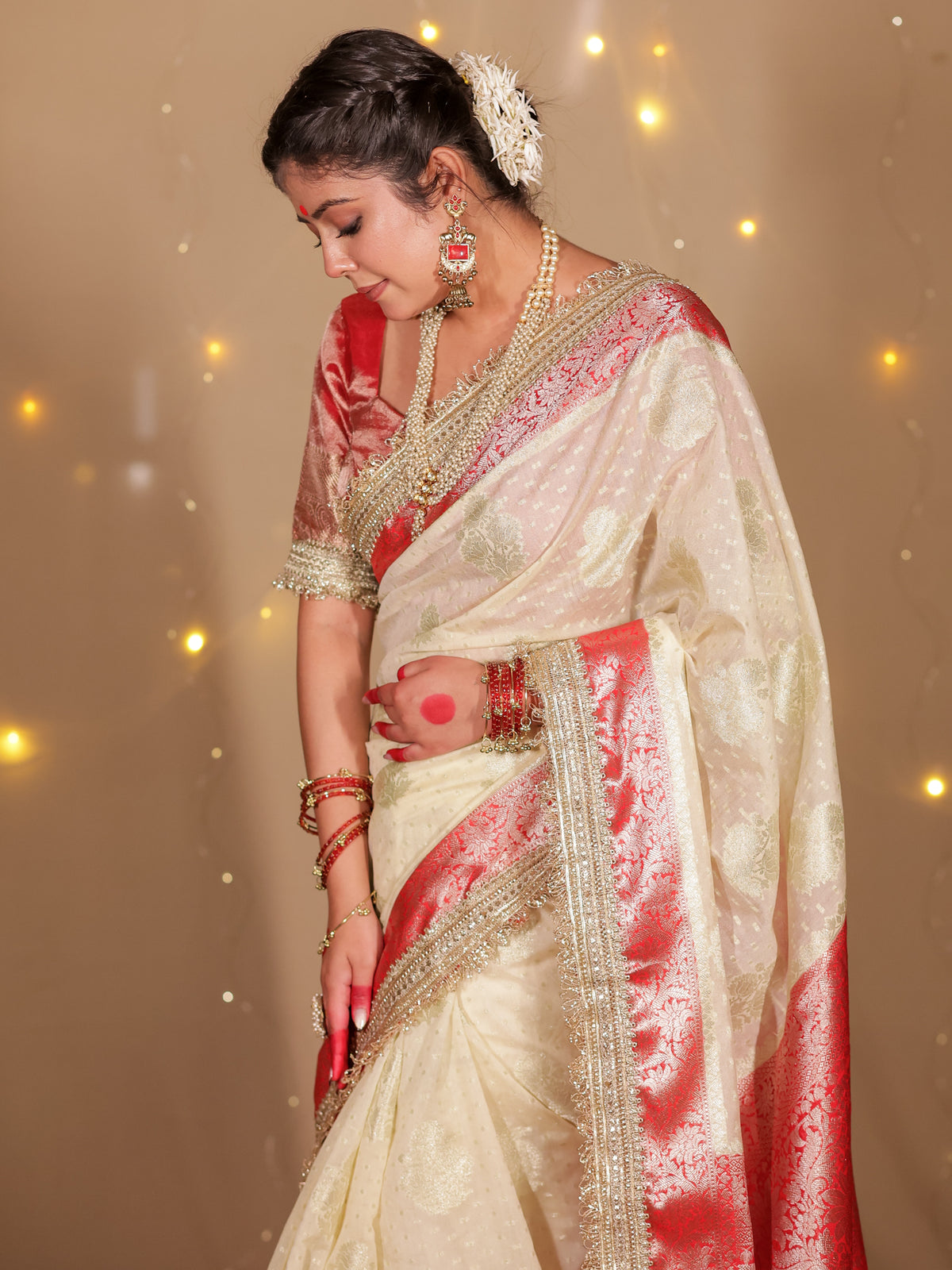 Banarasi Cotton Silk Saree With Lace Border- Off White