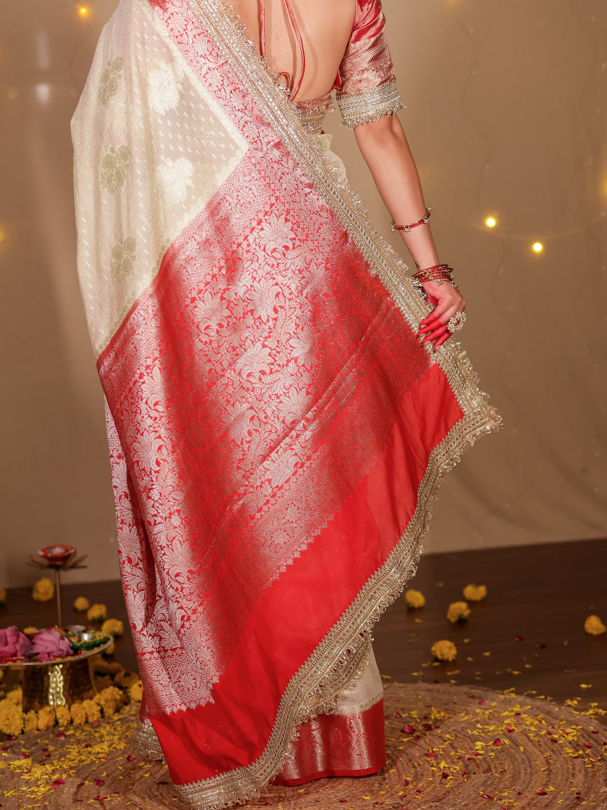 Banarasi Cotton Silk Saree With Lace Border- Off White