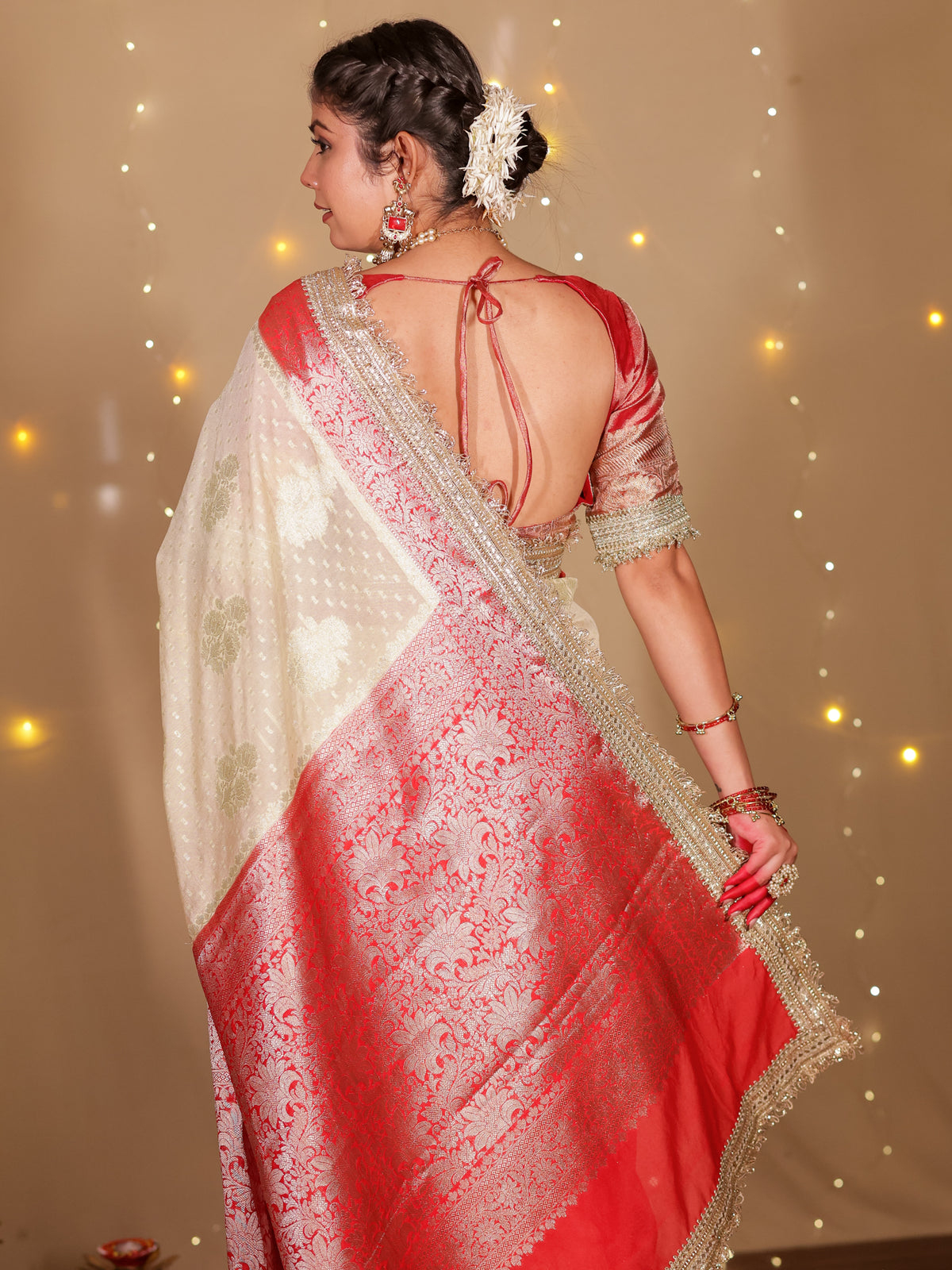 Banarasi Cotton Silk Saree With Lace Border- Off White