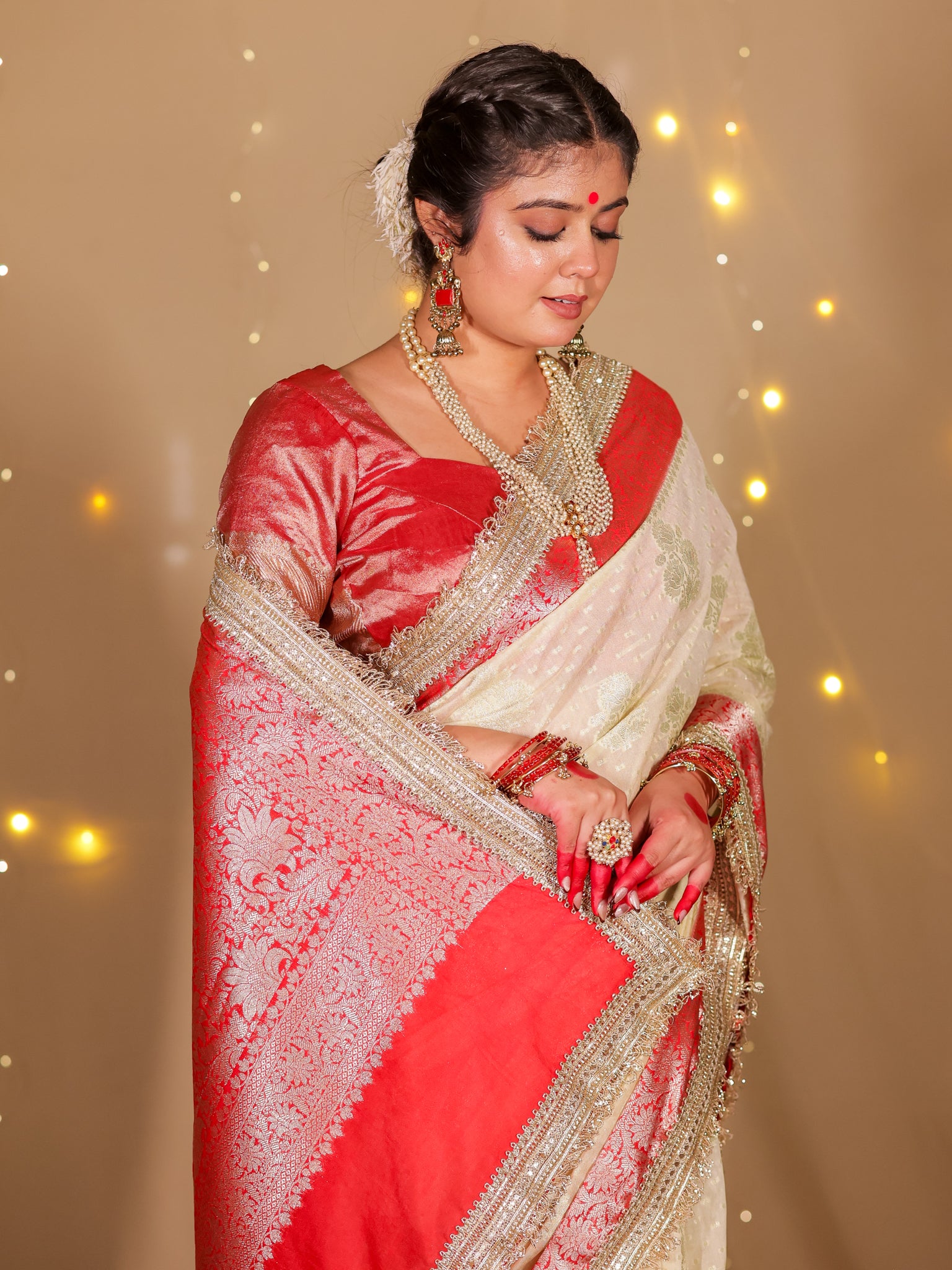 Banarasi Cotton Silk Saree With Lace Border- Off White