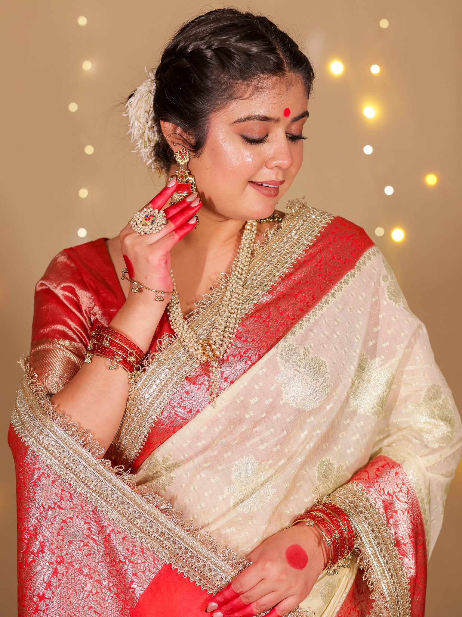 Banarasi Cotton Silk Saree With Lace Border- Off White