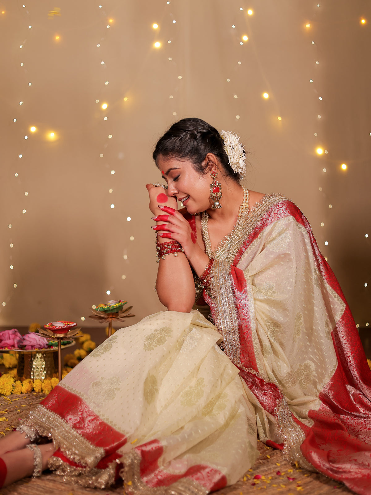 Banarasi Cotton Silk Saree With Lace Border- Off White