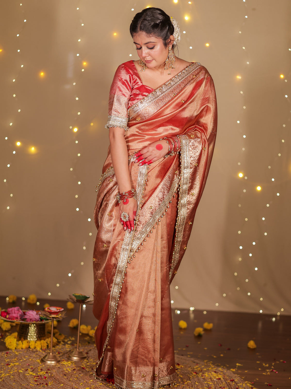 Banarasi Ghungroo Work Tissue Saree with Lace Border - Red
