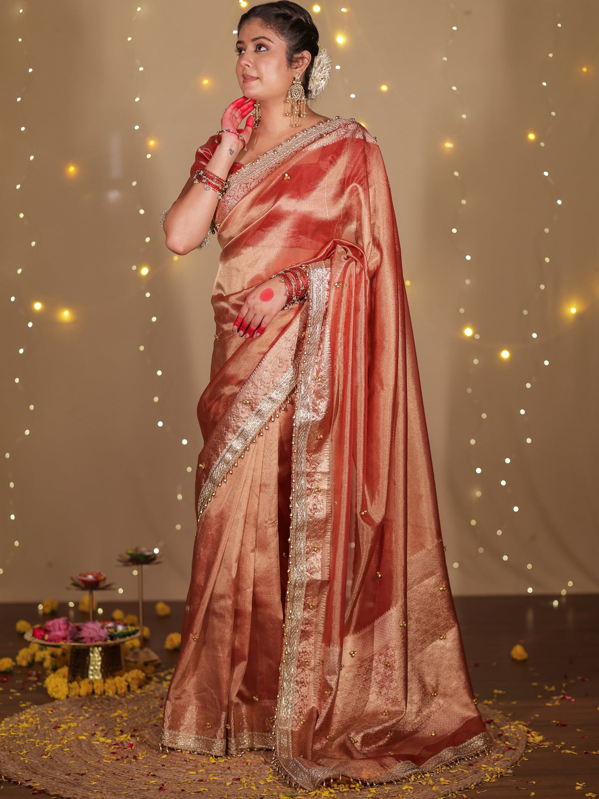 Banarasi Ghungroo Work Tissue Saree with Lace Border - Red