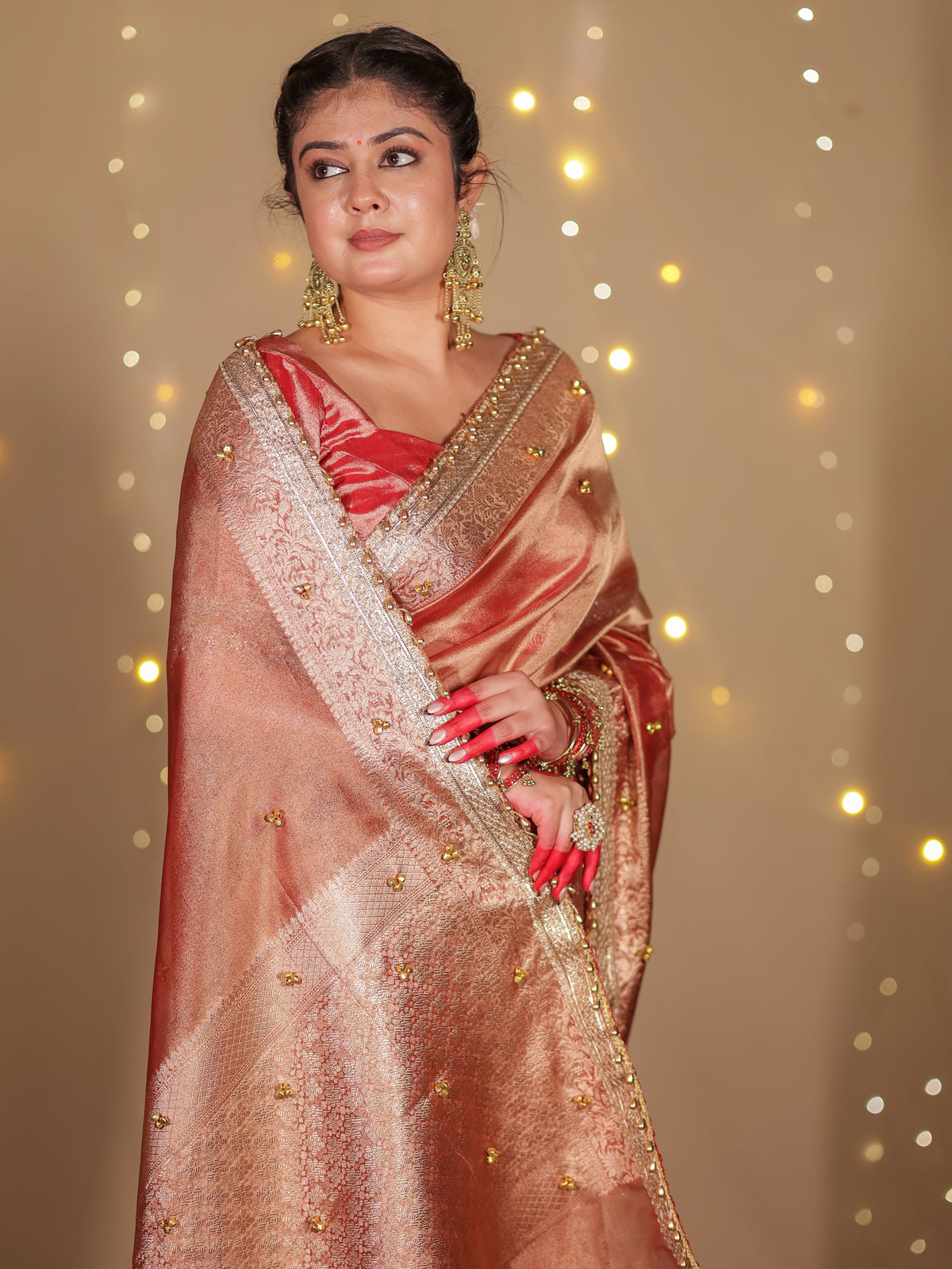 Banarasi Ghungroo Work Tissue Saree with Lace Border - Rust