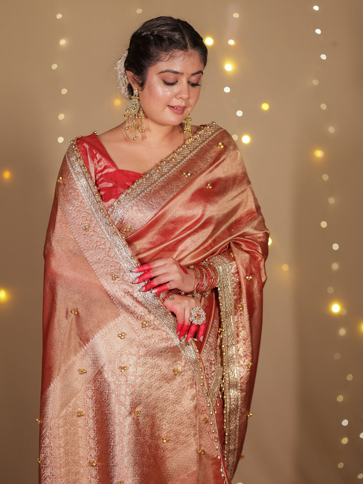 Banarasi Ghungroo Work Tissue Saree with Lace Border - Rust