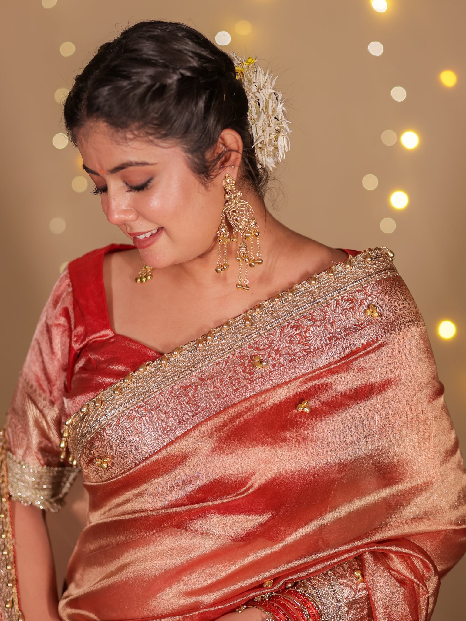Banarasi Ghungroo Work Tissue Saree with Lace Border - Red