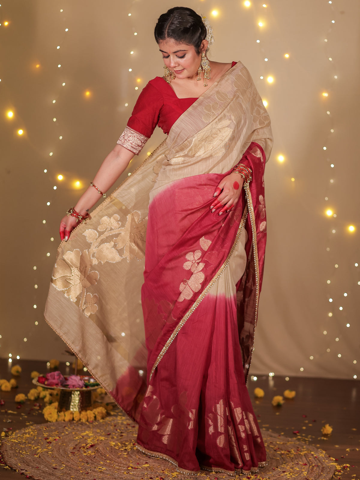 Banarasi Dual Shade Soft Cotton Saree With Lace Border- Beige & Maroon