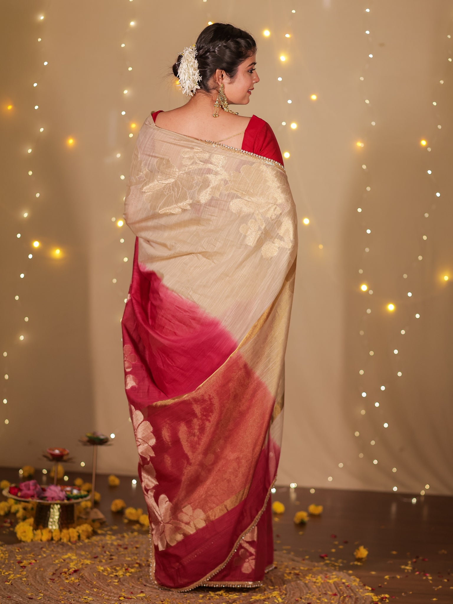 Banarasi Dual Shade Soft Cotton Saree With Lace Border- Beige & Maroon