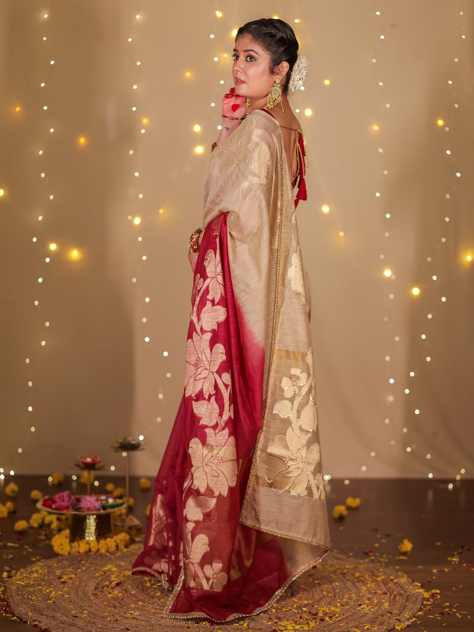Banarasi Dual Shade Soft Cotton Saree With Lace Border- Beige & Maroon