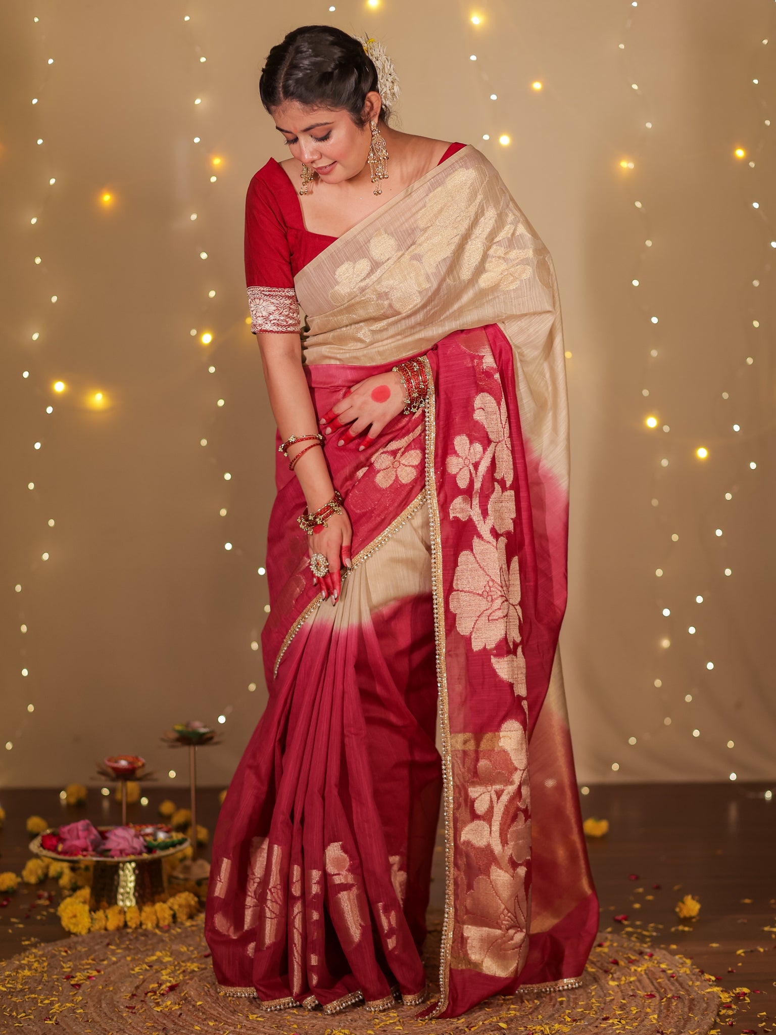 Banarasi Dual Shade Soft Cotton Saree With Lace Border- Beige & Maroon