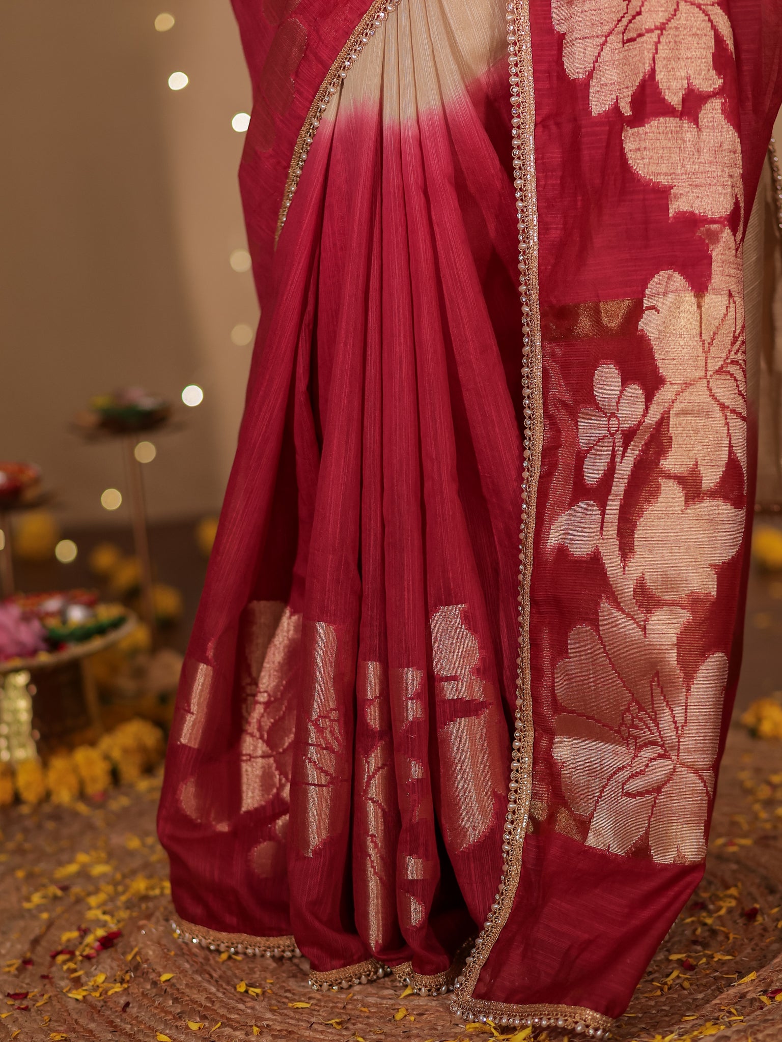 Banarasi Dual Shade Soft Cotton Saree With Lace Border- Beige & Maroon