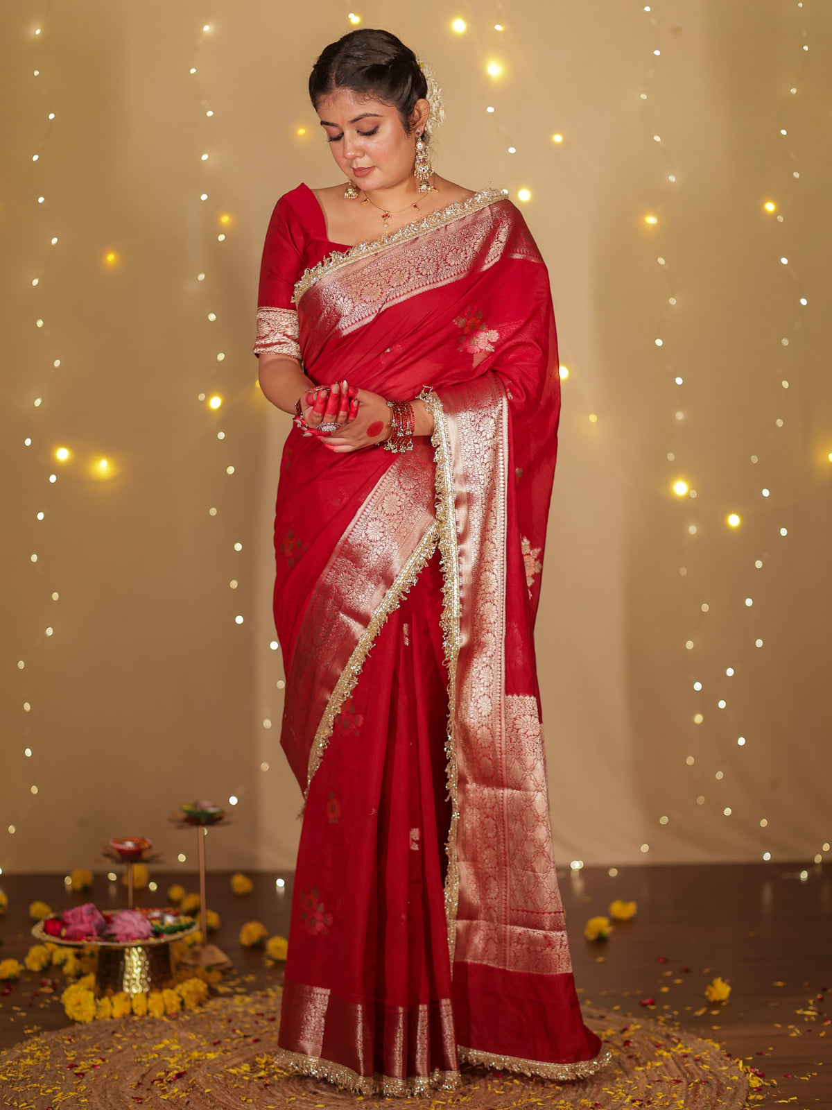 Banarasi Cotton Silk Saree With Zari Weaving & Lace Border- Maroon