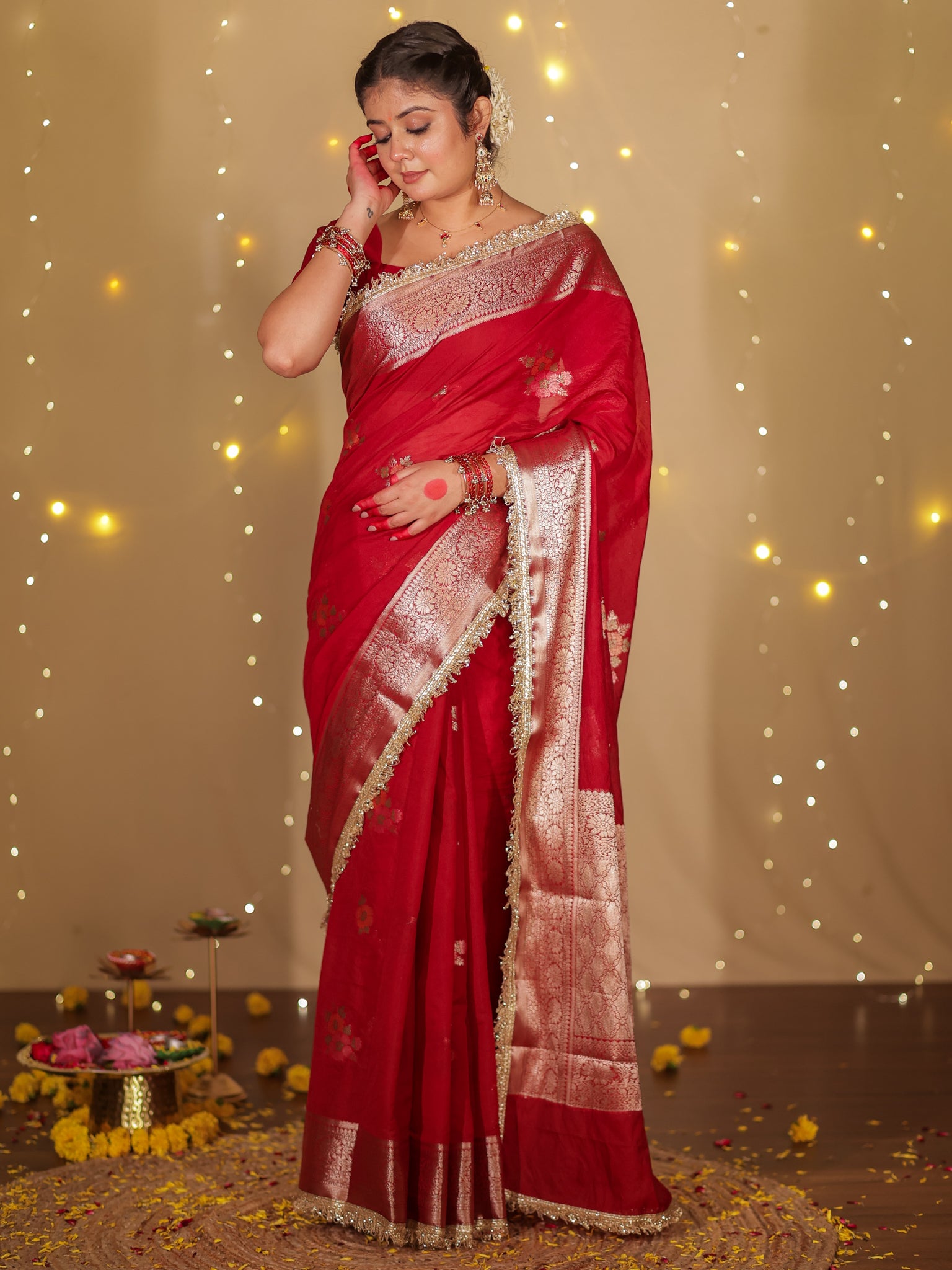 Banarasi Cotton Silk Saree With Zari Weaving & Lace Border- Maroon