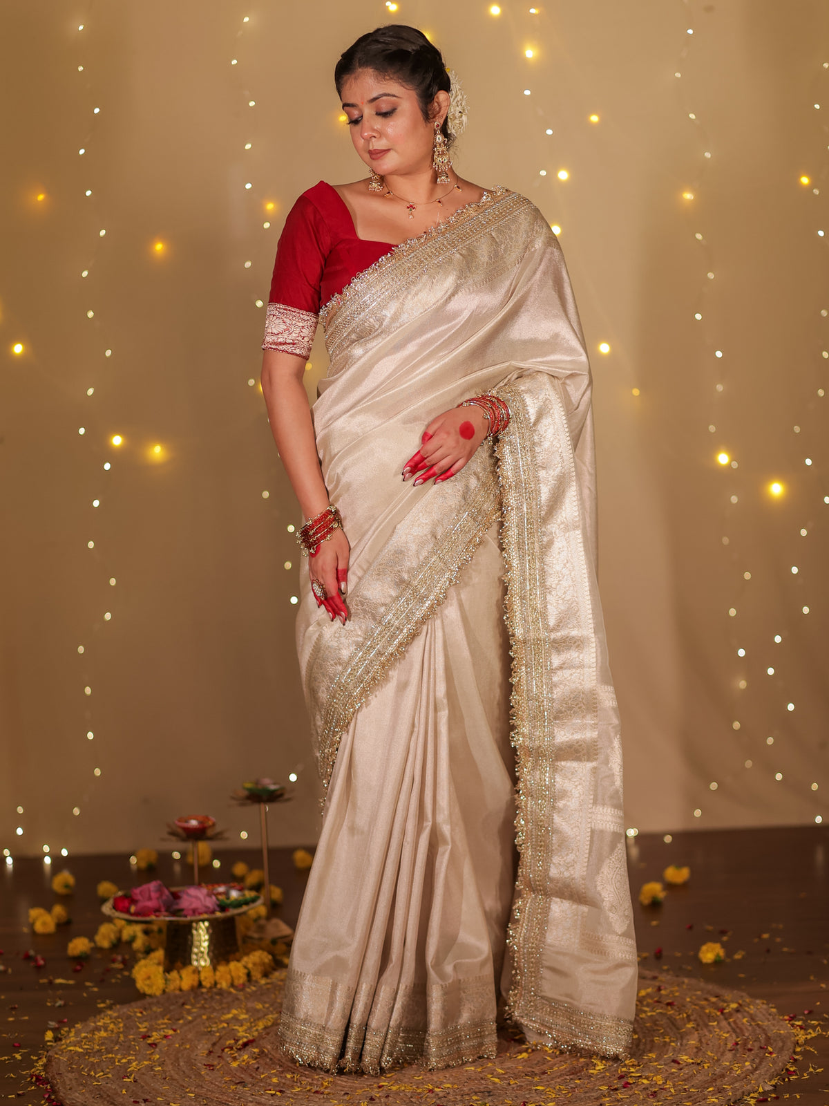 Banarasi Plain Tissue Saree with Lace Border - Beige