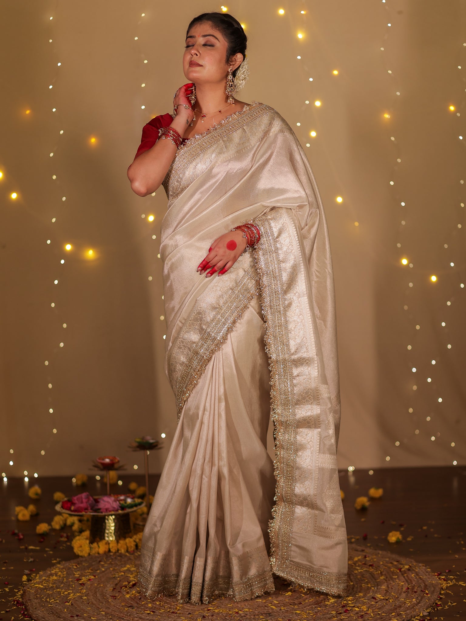 Banarasi Plain Tissue Saree with Lace Border - Beige