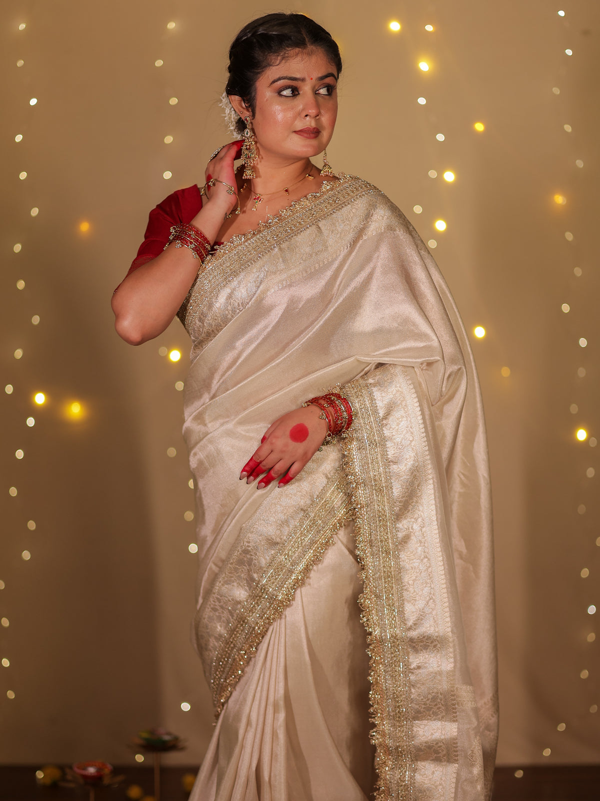 Banarasi Plain Tissue Saree with Lace Border - Beige
