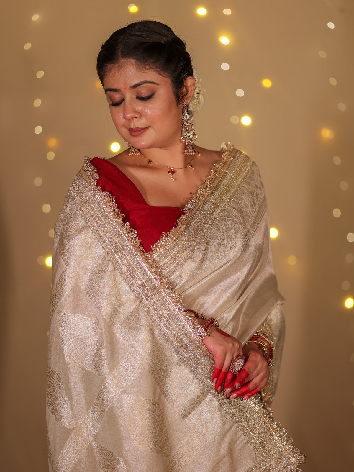 Banarasi Plain Tissue Saree with Lace Border - Beige