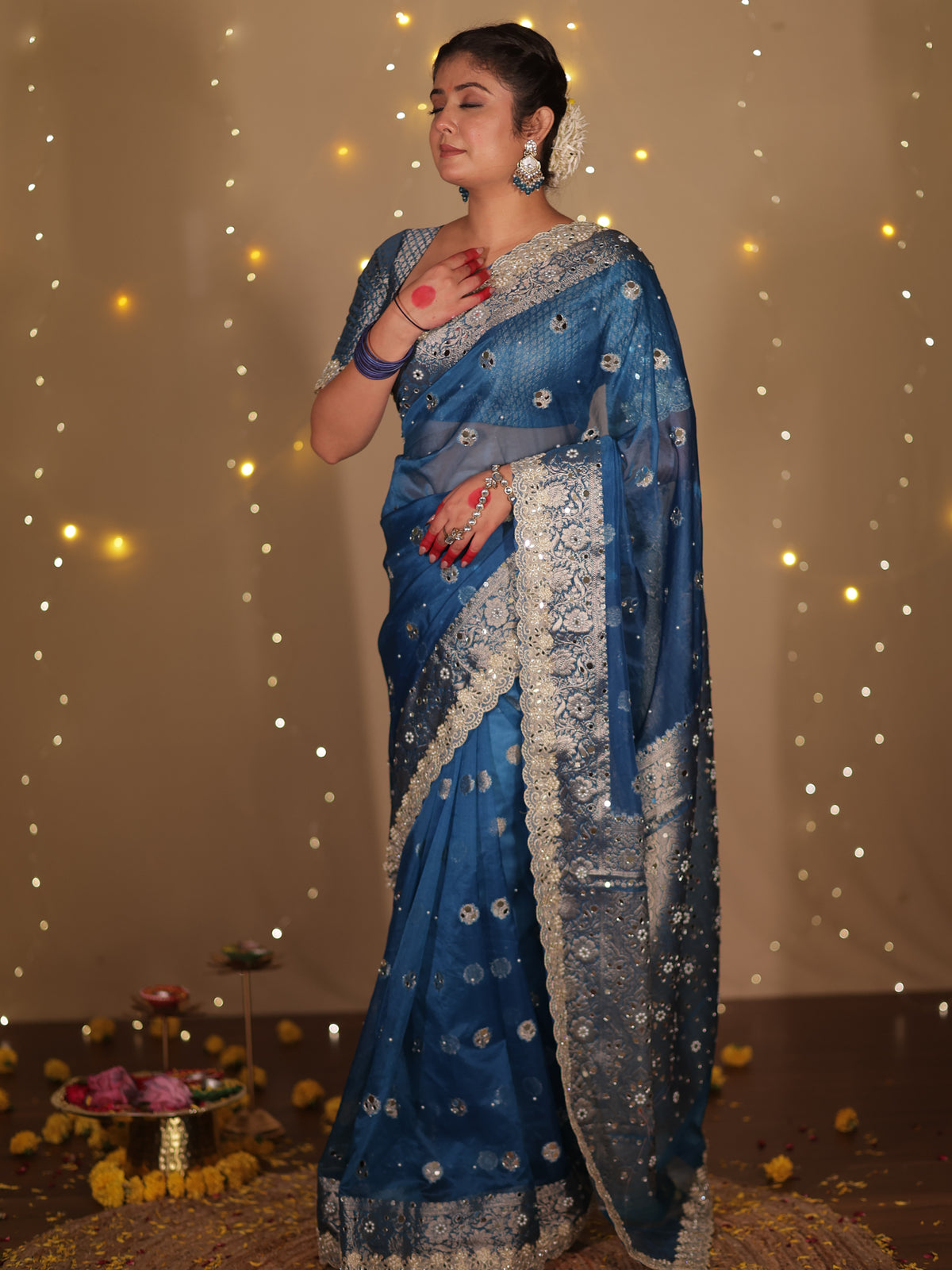 Banarasi Mirror Work Tissue Saree with Lace Border - Blue