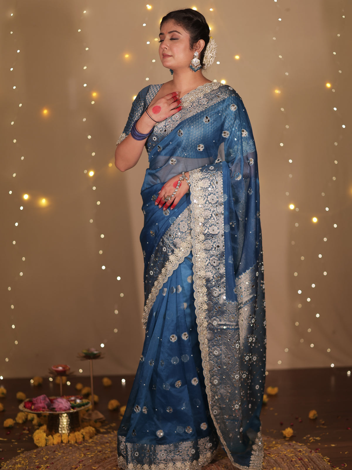 Banarasi Mirror Work Tissue Saree with Lace Border - Blue